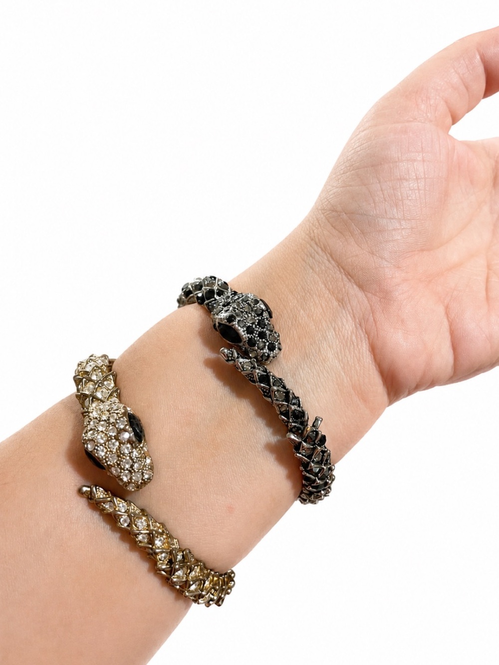 2 Rhinestone Snake Bangle Bracelets - Gold & Gunmetal